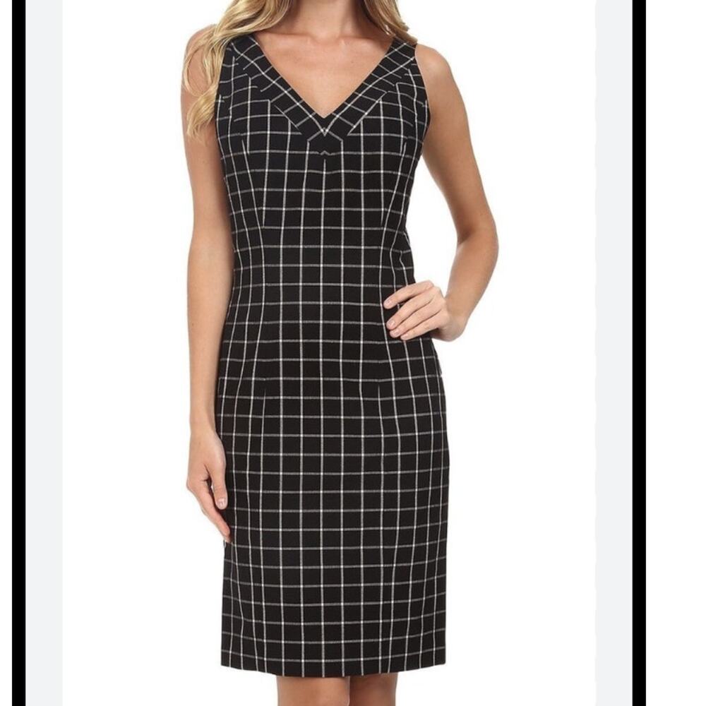 Michael‎ Kors Tattersol Print Black V-Neck Sheath Dress 8